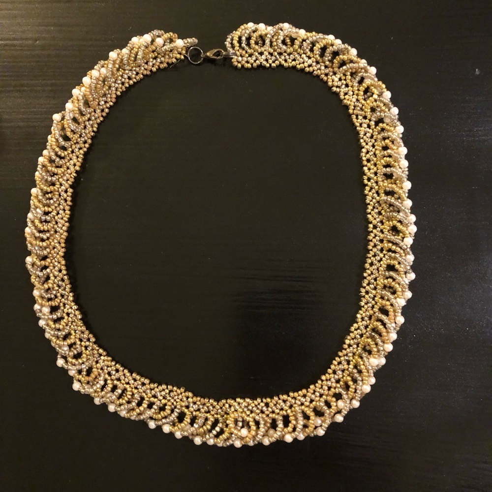 Vintage Crochet Gold & Faux Pearl Beaded Necklace